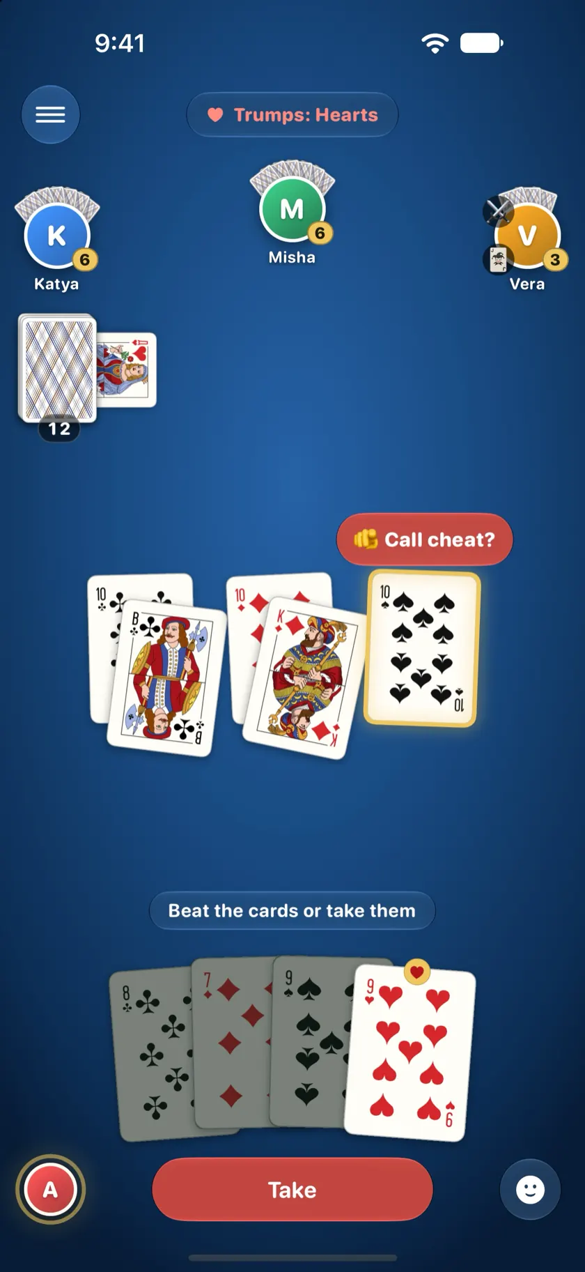 A cheater game: the ten of spades on the table is lit up with a Call cheat button above it