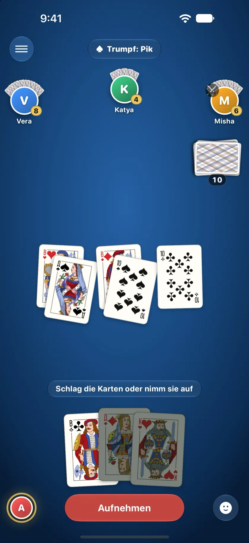 Local Durak auf Alex' iPhone: vier Spieler, drei Angriffskarten auf dem Tisch, und Alex verteidigt