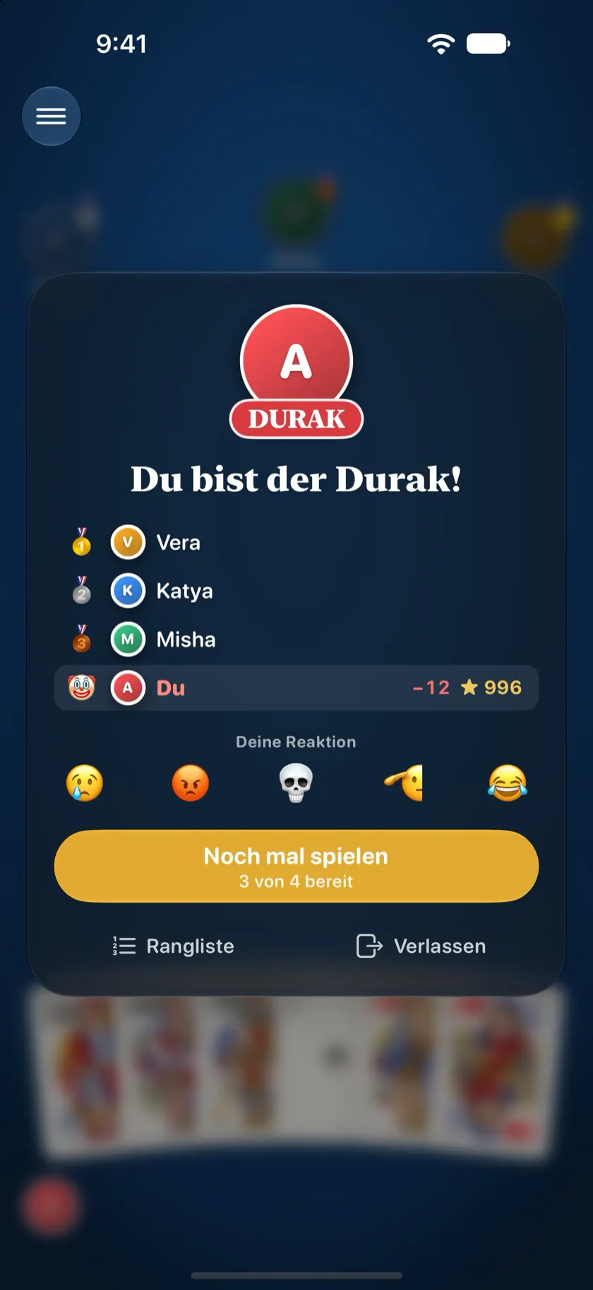 Spielende: das DURAK-Abzeichen auf dem Bild des Verlierers und die Wertungsänderung aller Spieler