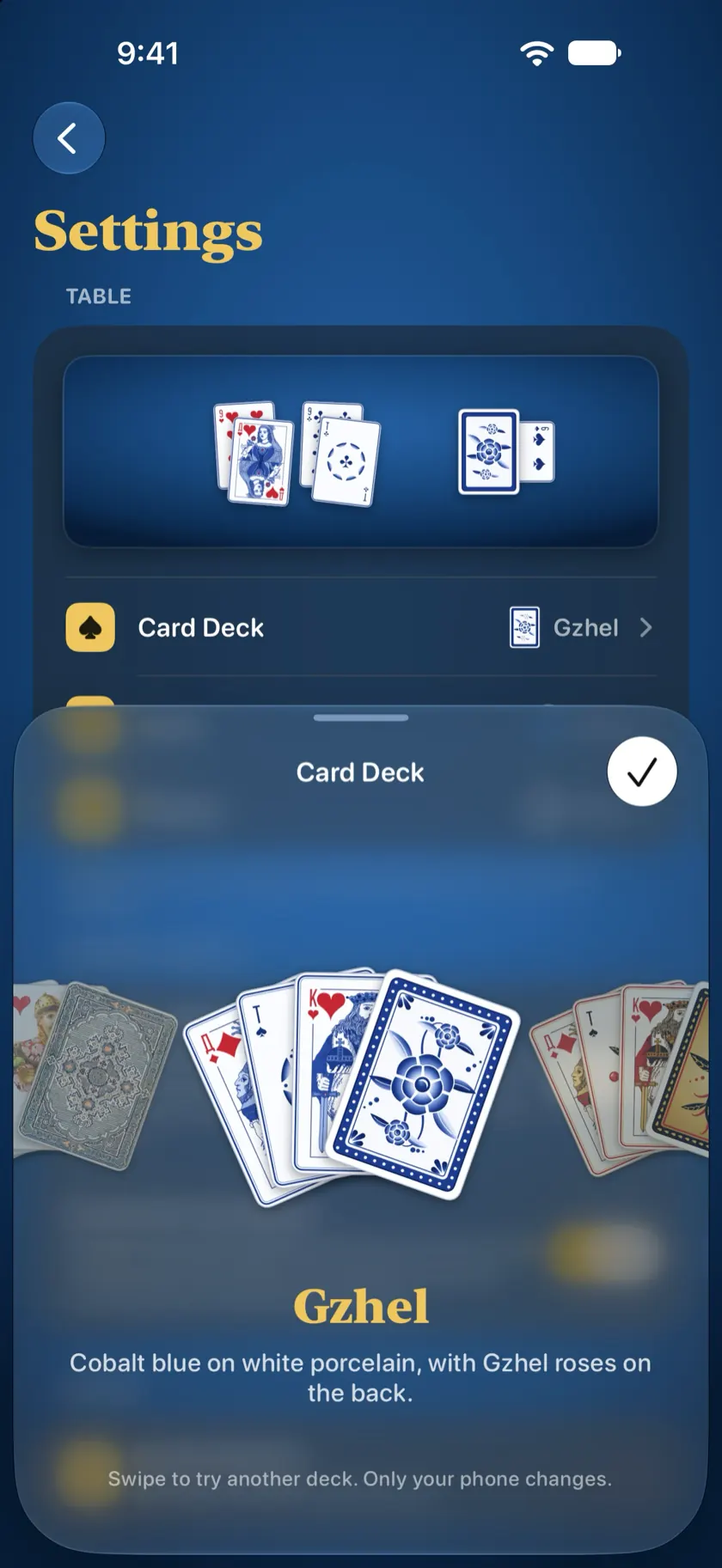 The deck picker showing the Gzhel deck: cobalt blue on white porcelain