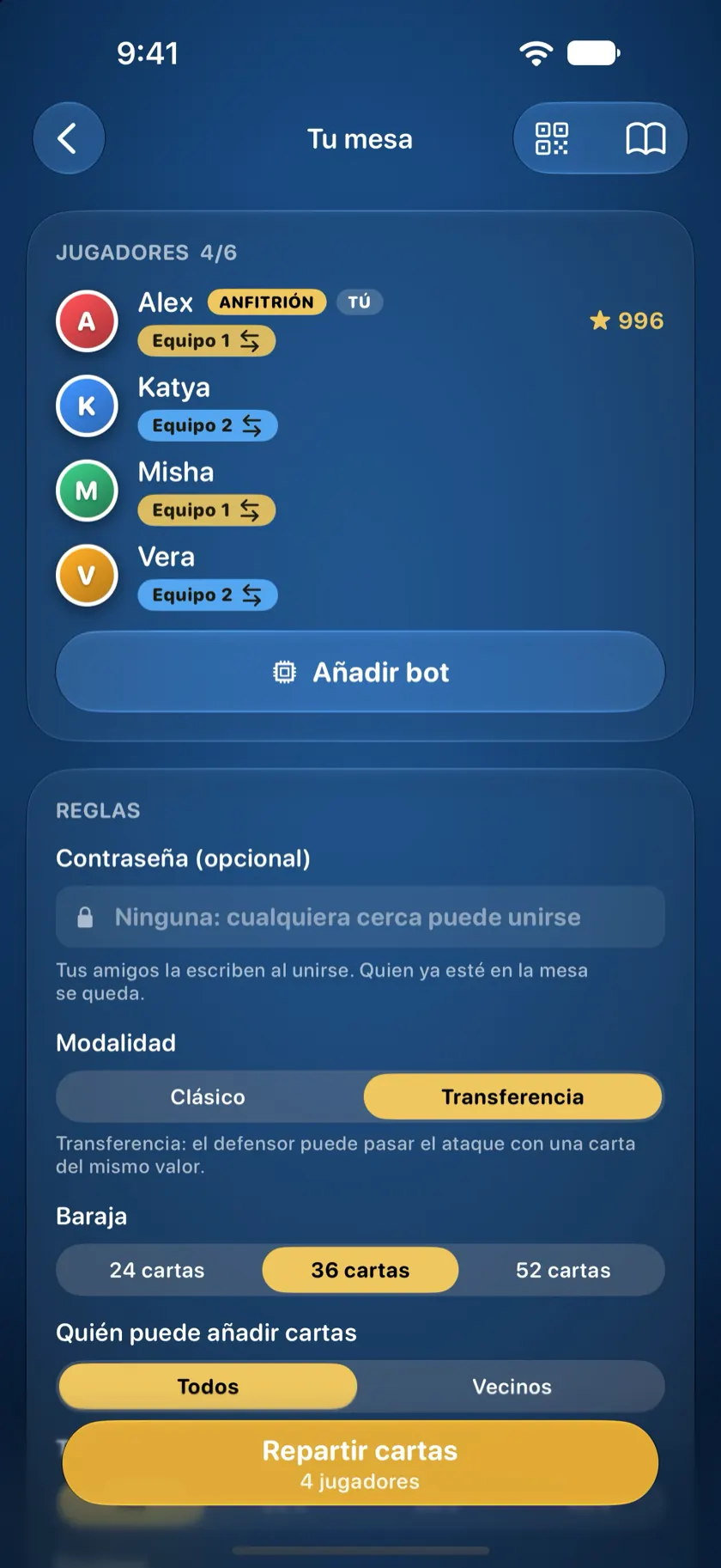 La mesa preparada para Durak con transferencia por parejas, con tramposos permitidos
