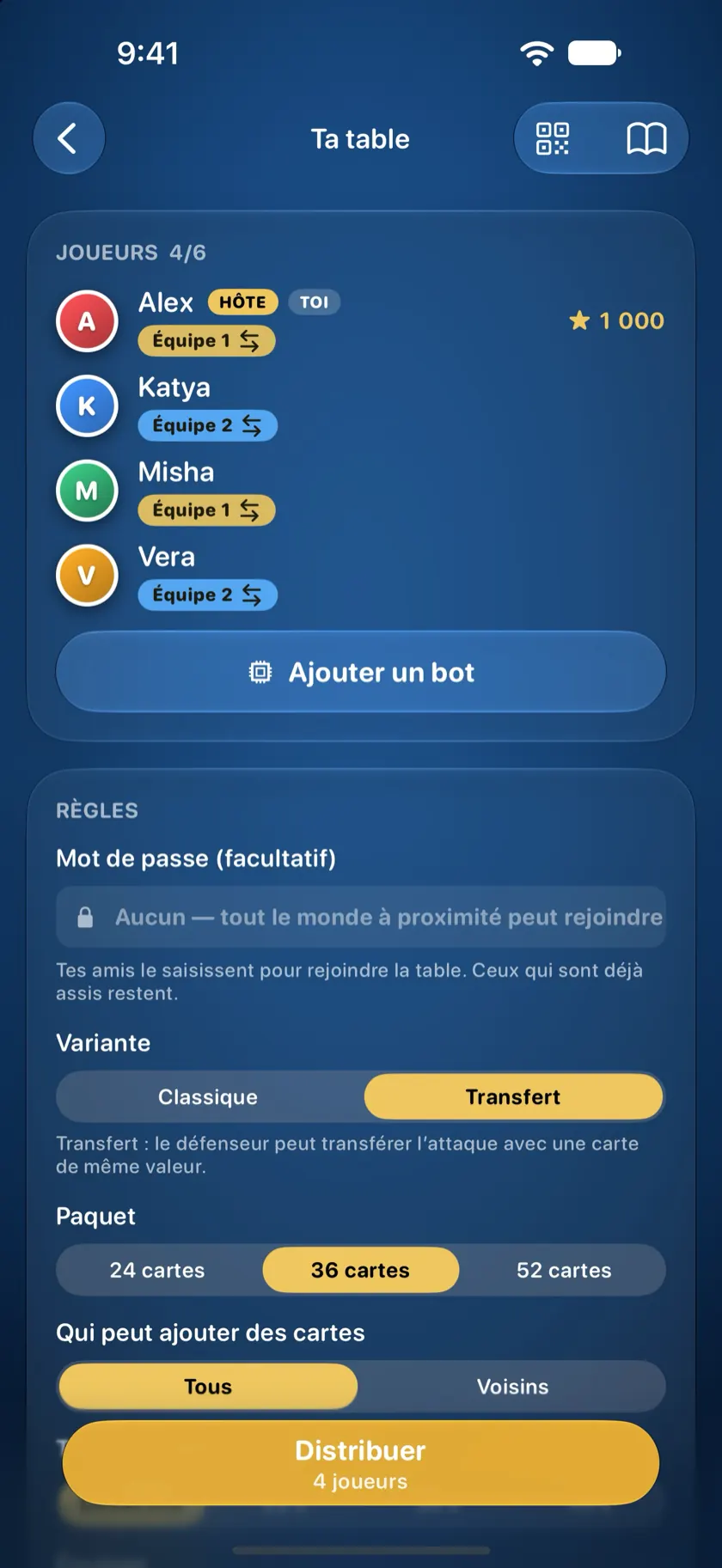 La table réglée pour un Durak à transfert en paires, avec tricheurs