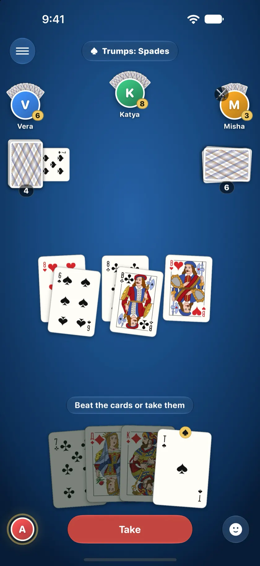 Local Durak on Alex's iPhone: four players, three attacks on the table and Alex defending with the trump ace