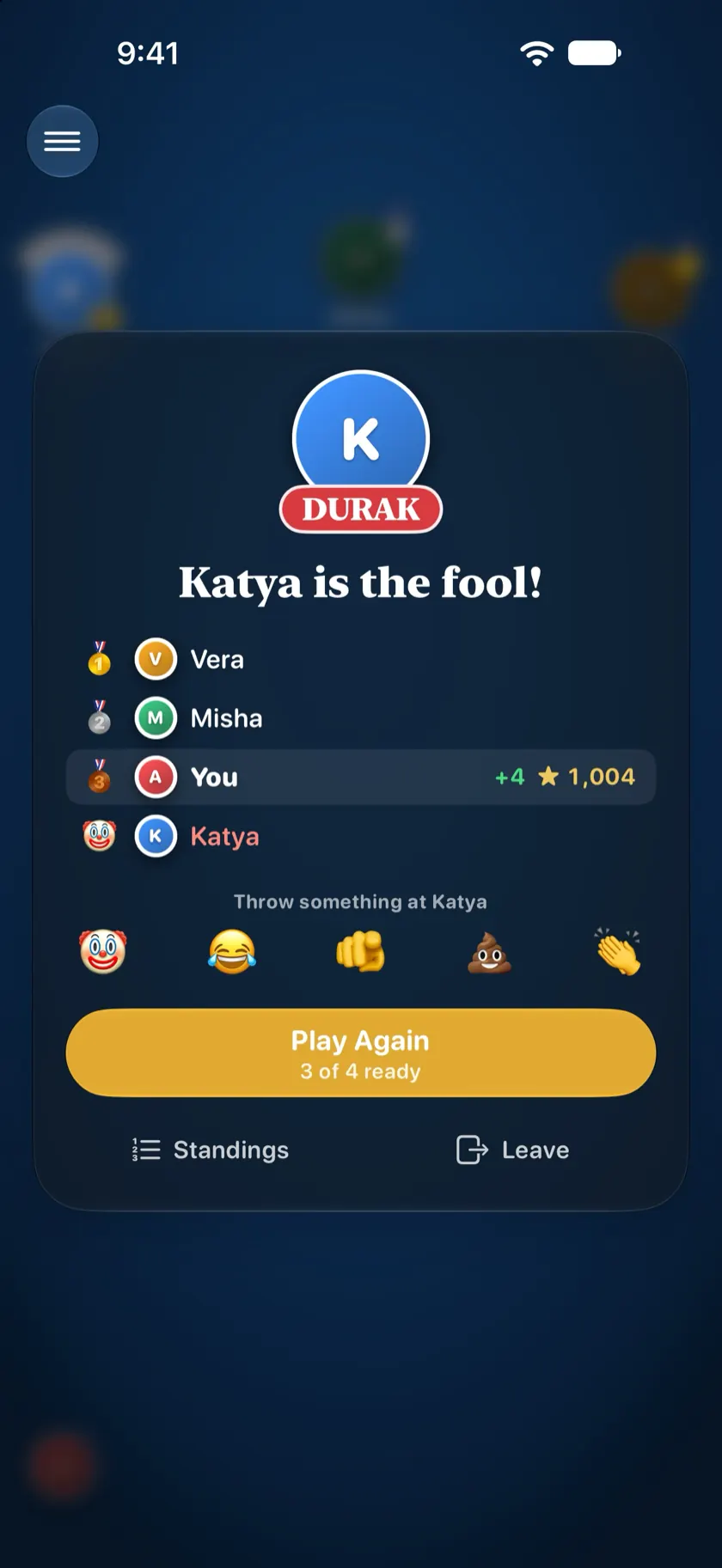 The end of a game: Katya is the fool, with the DURAK badge on her picture and everyone's rating change