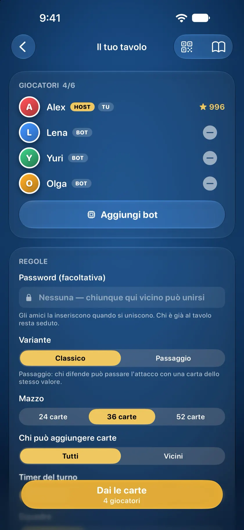 Il tavolo con tre bot seduti accanto all'host