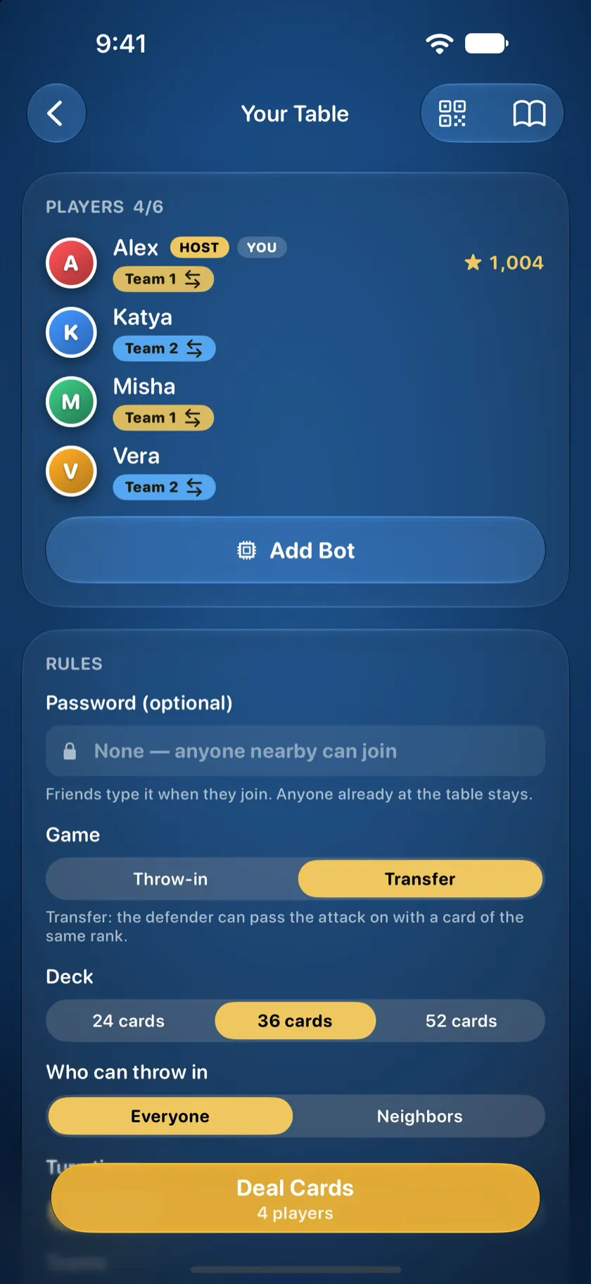 The lobby set up for transfer Durak in pairs, with cheaters allowed